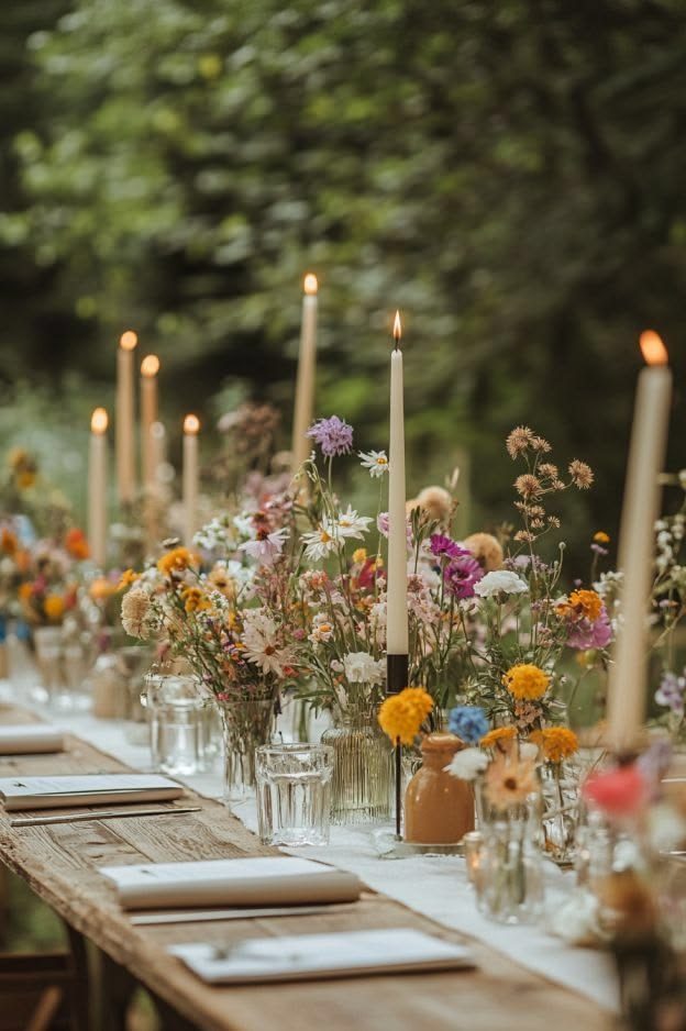 Tavolata di matrimonio all'aperto con candele e fiori di campo